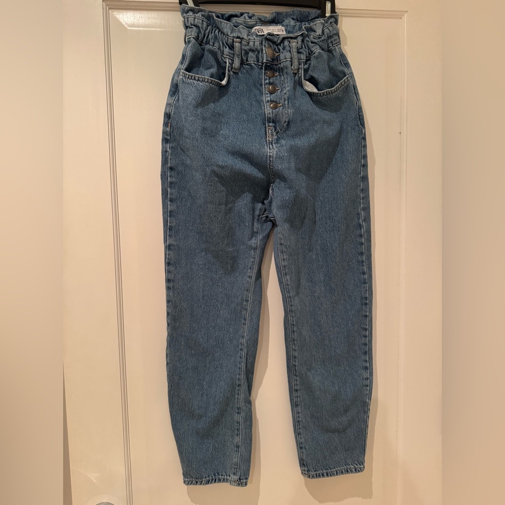 Zara Classic Blue Women's Cropped Jeans Ruffled Waist Band
